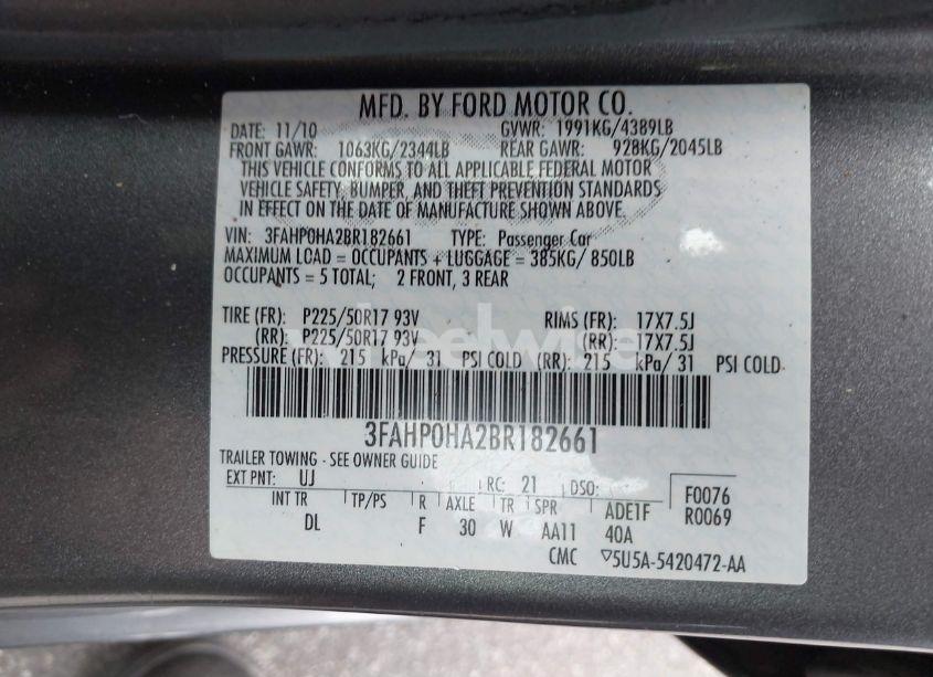 Photo 9 of 2011 Ford Fusion SE (VIN 3FAHP0HA2BR182661)