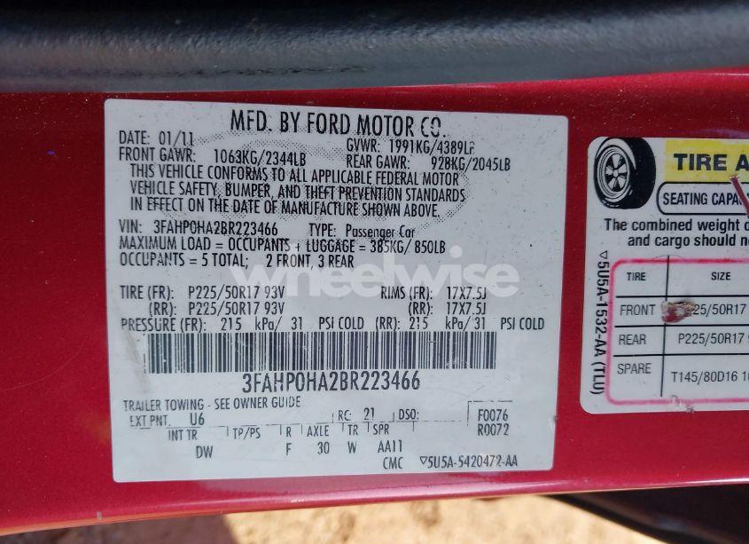 Photo 9 of 2011 Ford Fusion SE (VIN 3FAHP0HA2BR223466)