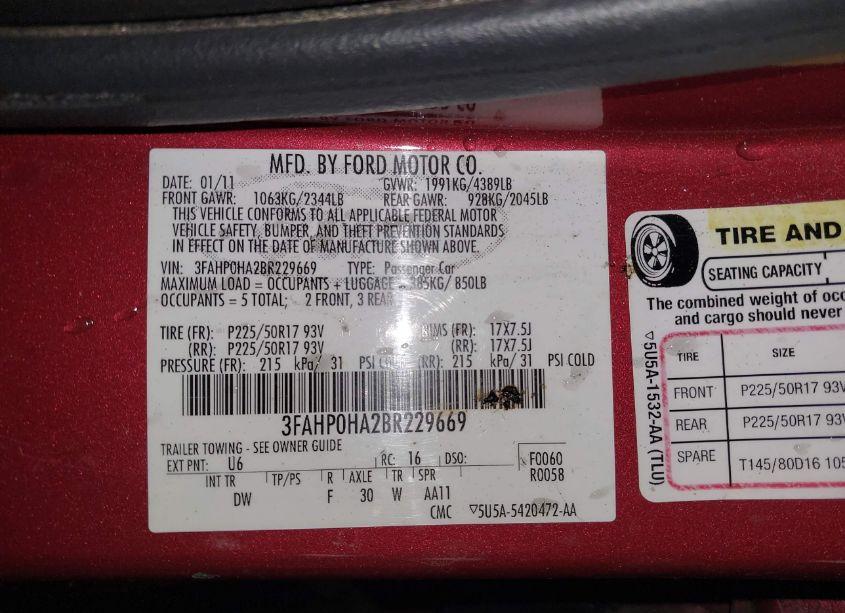 Photo 9 of 2011 Ford Fusion SE (VIN 3FAHP0HA2BR229669)