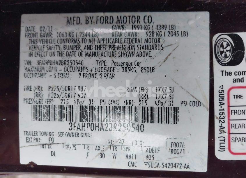 Photo 9 of 2011 Ford Fusion SE (VIN 3FAHP0HA2BR250540)