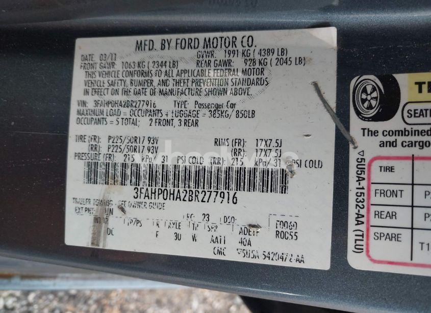 Photo 9 of 2011 Ford Fusion SE (VIN 3FAHP0HA2BR277916)