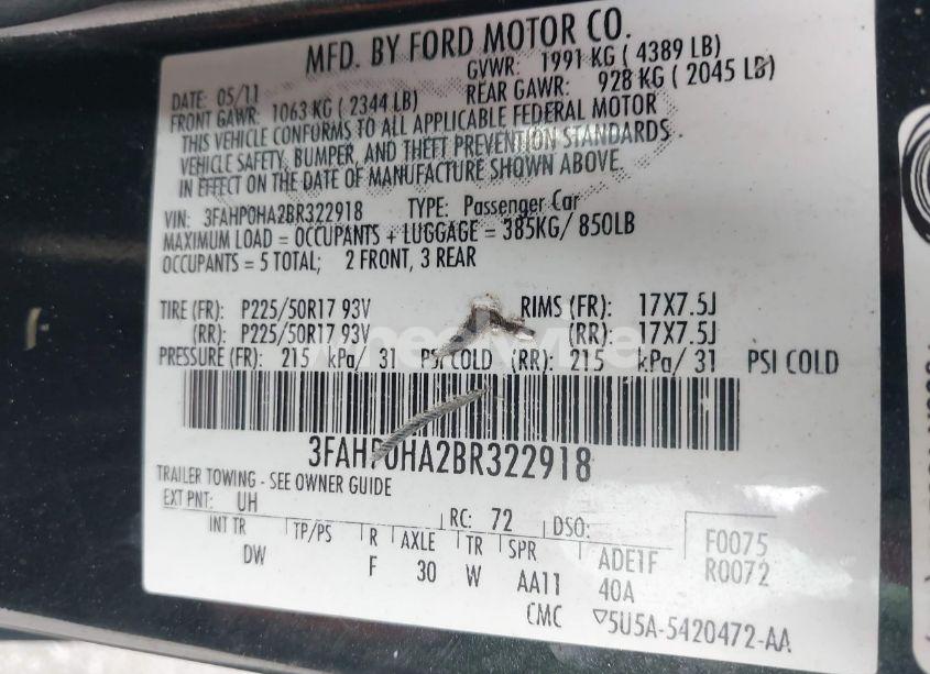 Photo 9 of 2011 Ford Fusion SE (VIN 3FAHP0HA2BR322918)