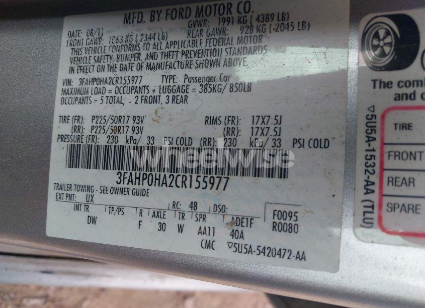 Photo 9 of 2012 Ford Fusion SE (VIN 3FAHP0HA2CR155977)