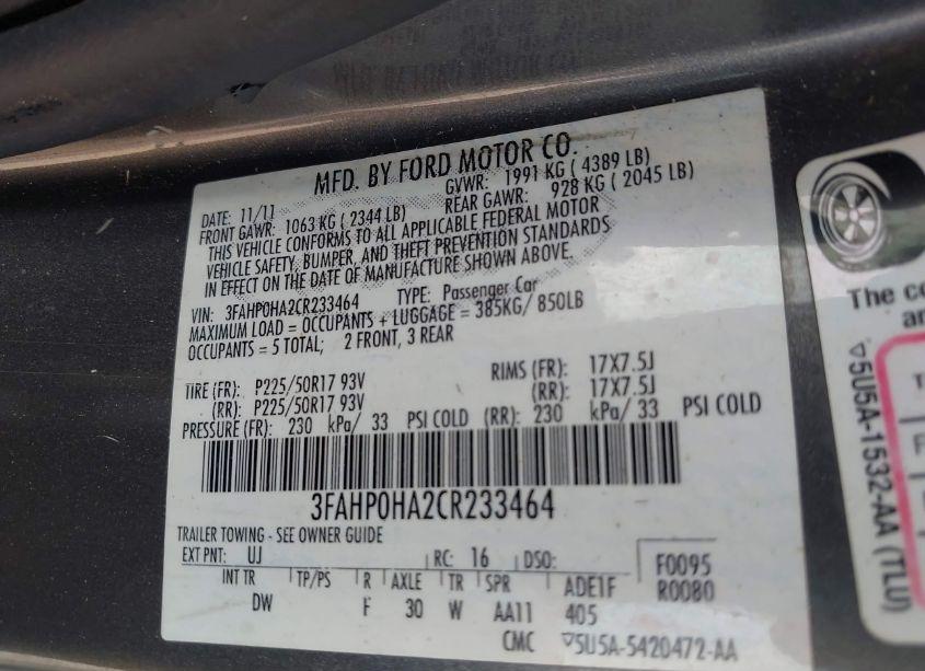 Photo 9 of 2012 Ford Fusion SE (VIN 3FAHP0HA2CR233464)