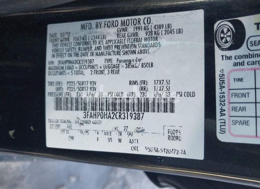 Photo 9 of 2012 Ford Fusion SE (VIN 3FAHP0HA2CR319387)