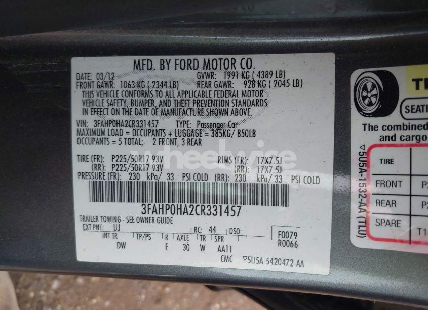 Photo 9 of 2012 Ford Fusion SE (VIN 3FAHP0HA2CR331457)