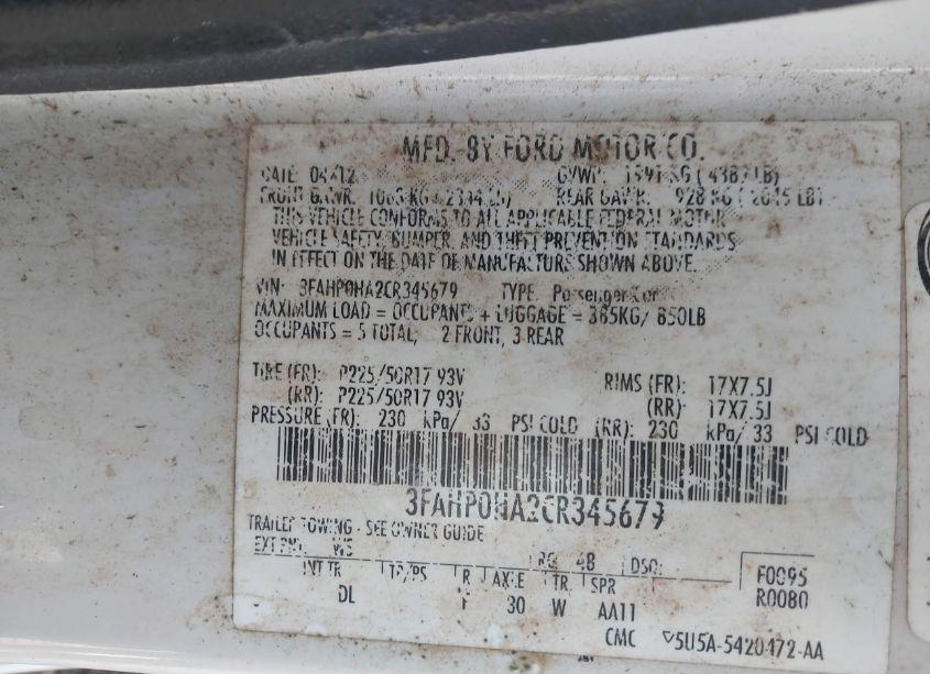 Photo 9 of 2012 Ford Fusion SE (VIN 3FAHP0HA2CR345679)