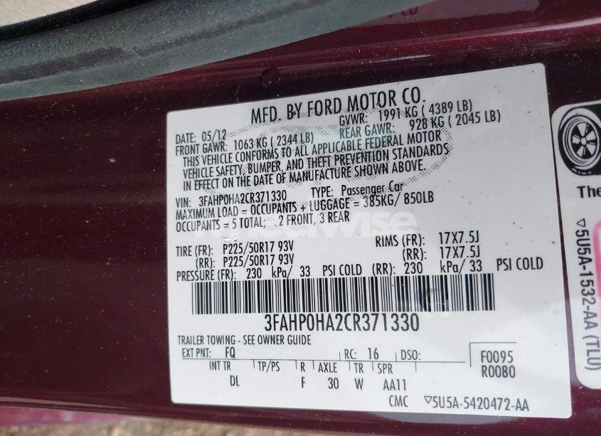 Photo 9 of 2012 Ford Fusion SE (VIN 3FAHP0HA2CR371330)