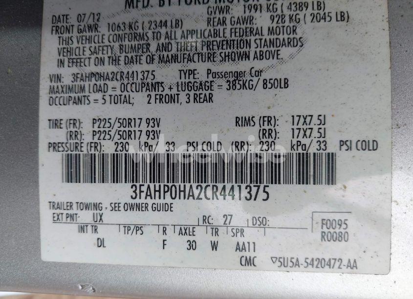 Photo 9 of 2012 Ford Fusion SE (VIN 3FAHP0HA2CR441375)