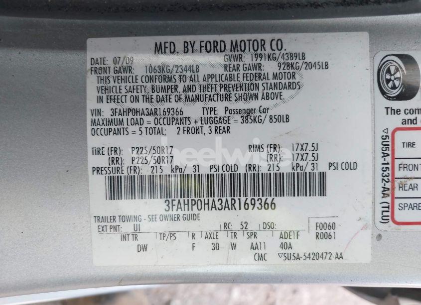 Photo 9 of 2010 Ford Fusion SE (VIN 3FAHP0HA3AR169366)