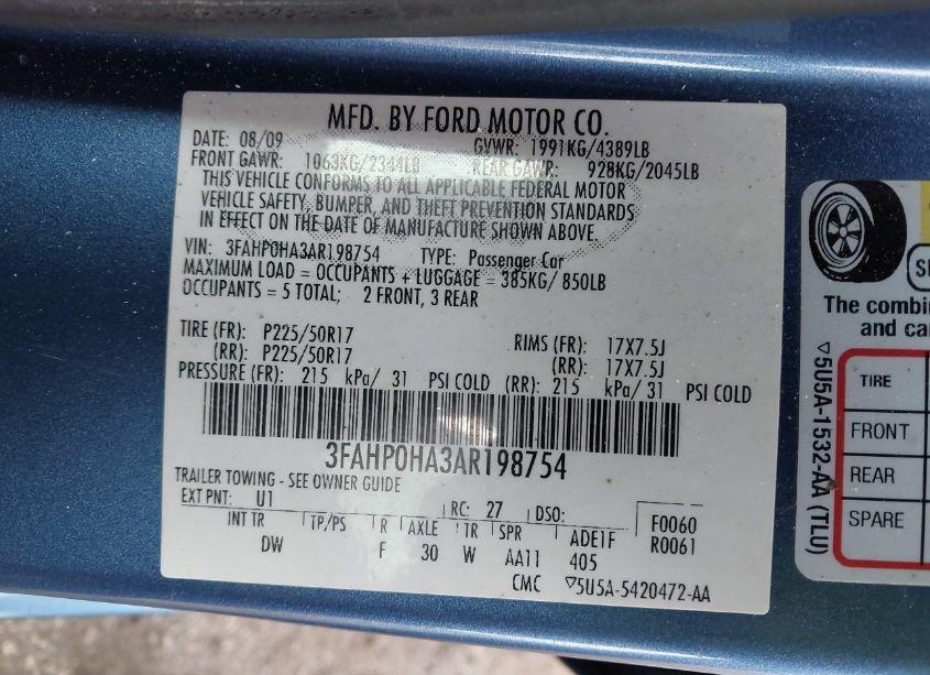 Photo 9 of 2010 Ford Fusion SE (VIN 3FAHP0HA3AR198754)