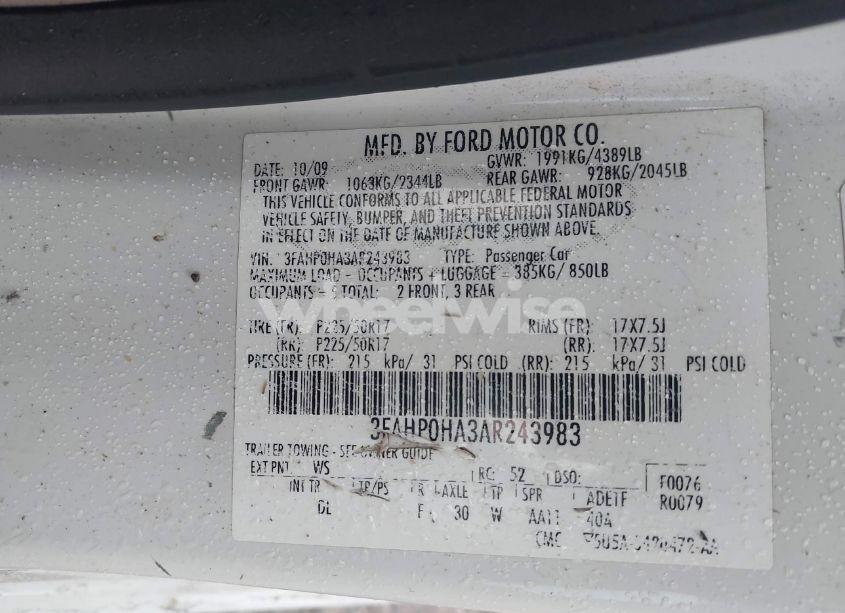 Photo 9 of 2010 Ford Fusion SE (VIN 3FAHP0HA3AR243983)