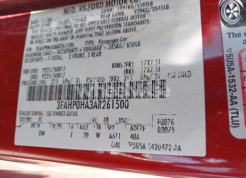 Photo 9 of 2010 Ford Fusion SE (VIN 3FAHP0HA3AR261500)