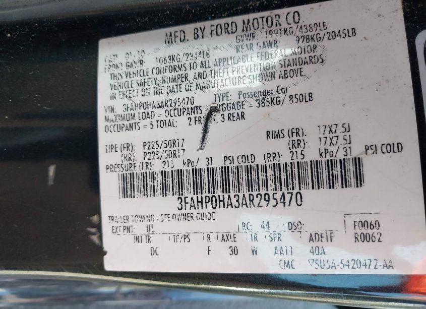 Photo 9 of 2010 Ford Fusion SE (VIN 3FAHP0HA3AR295470)