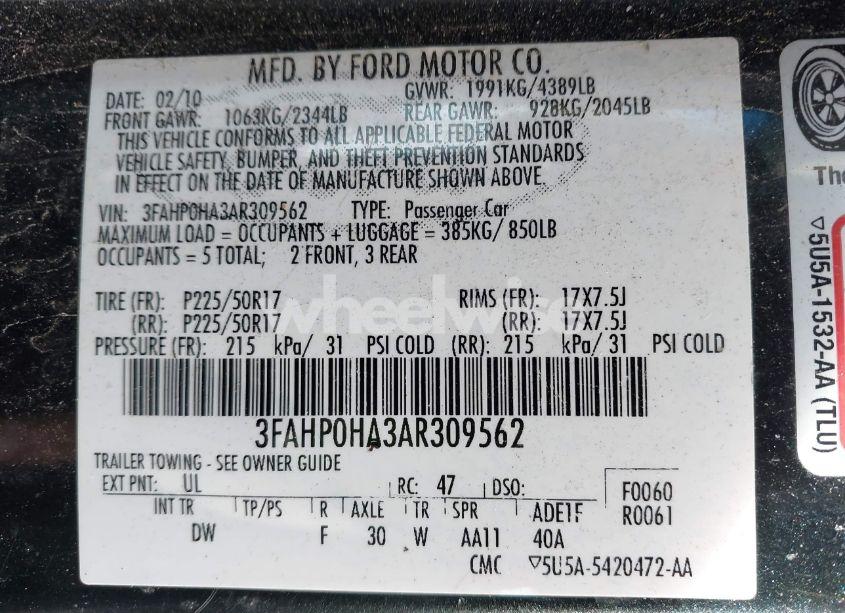 Photo 9 of 2010 Ford Fusion SE (VIN 3FAHP0HA3AR309562)