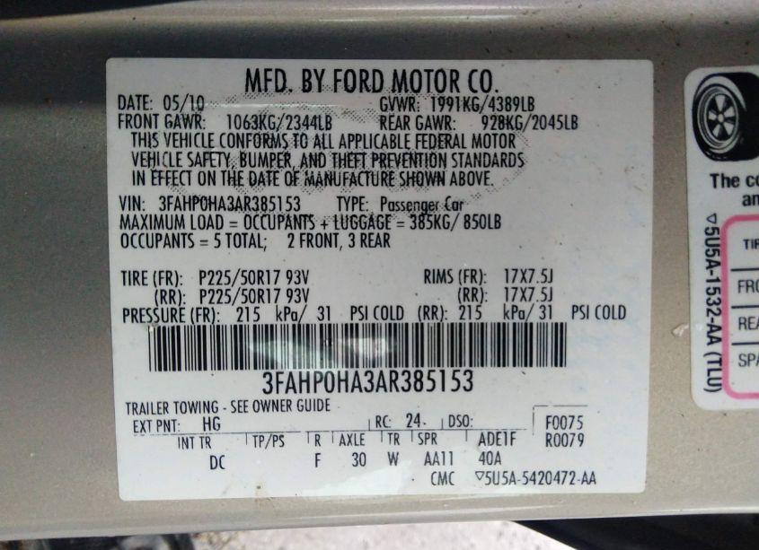 Photo 9 of 2010 Ford Fusion SE (VIN 3FAHP0HA3AR385153)