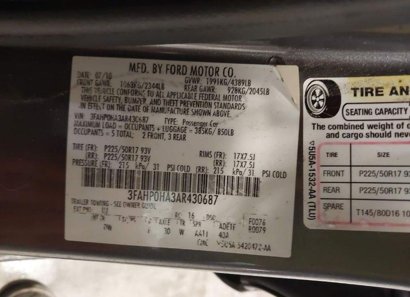 Photo 9 of 2010 Ford Fusion SE (VIN 3FAHP0HA3AR430687)