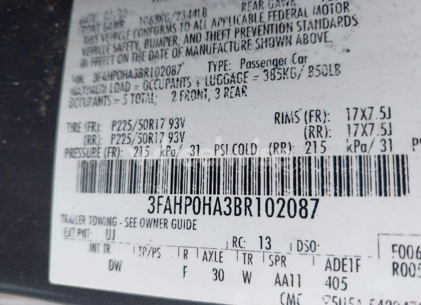 Photo 9 of 2011 Ford Fusion SE (VIN 3FAHP0HA3BR102087)