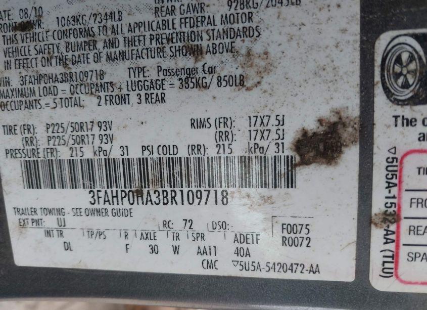 Photo 9 of 2011 Ford Fusion SE (VIN 3FAHP0HA3BR109718)