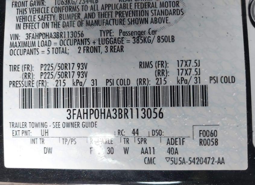 Photo 9 of 2011 Ford Fusion SE (VIN 3FAHP0HA3BR113056)