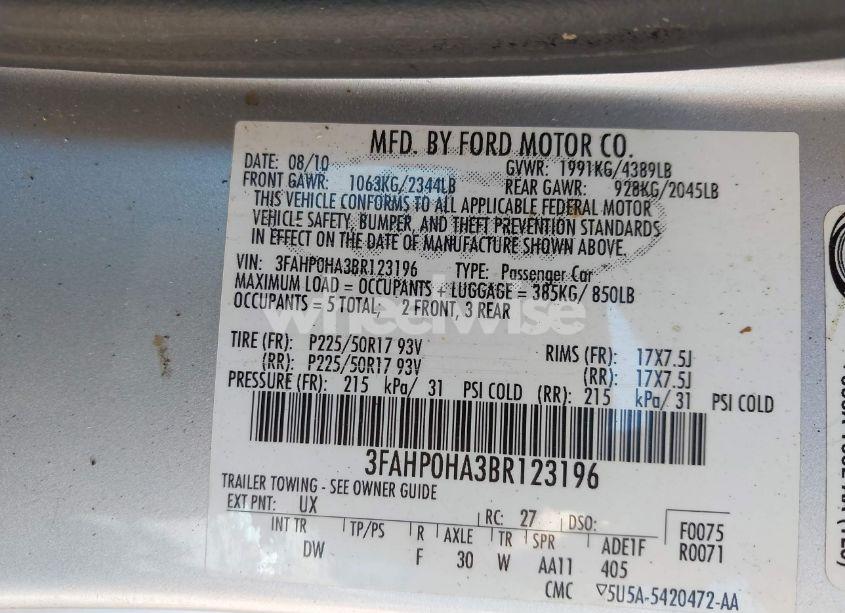Photo 9 of 2011 Ford Fusion SE (VIN 3FAHP0HA3BR123196)
