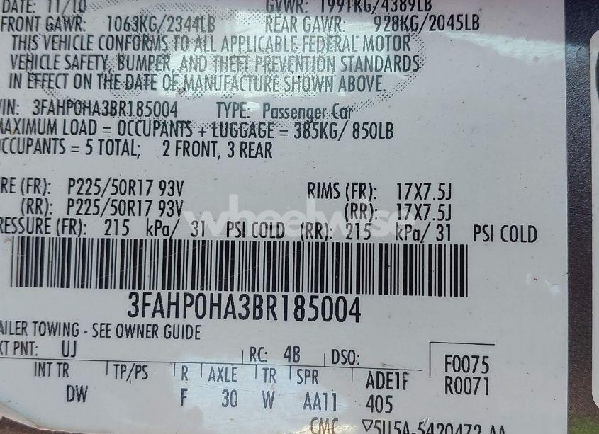 Photo 9 of 2011 Ford Fusion SE (VIN 3FAHP0HA3BR185004)