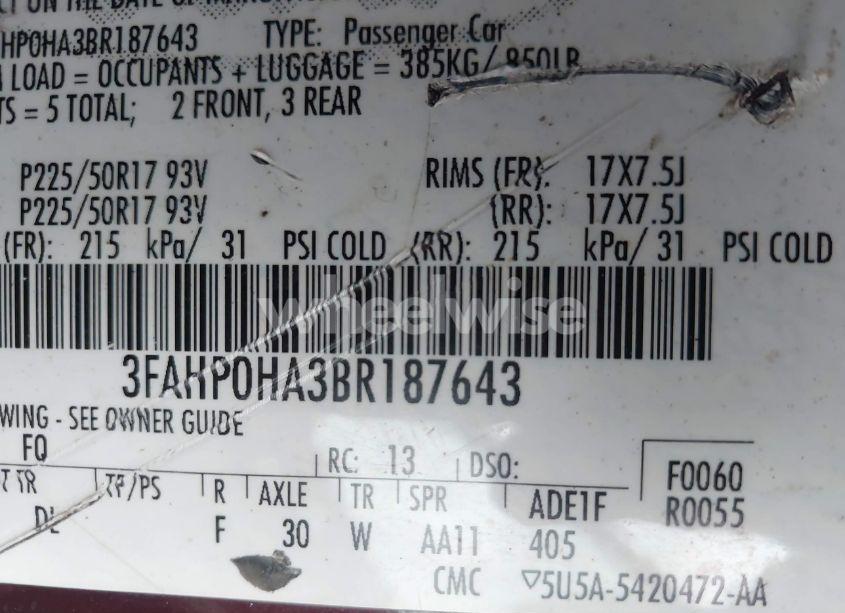 Photo 9 of 2011 Ford Fusion SE (VIN 3FAHP0HA3BR187643)