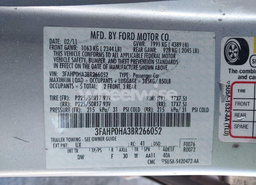 Photo 9 of 2011 Ford Fusion SE (VIN 3FAHP0HA3BR266052)