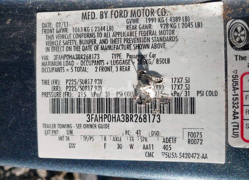 Photo 9 of 2011 Ford Fusion SE (VIN 3FAHP0HA3BR268173)