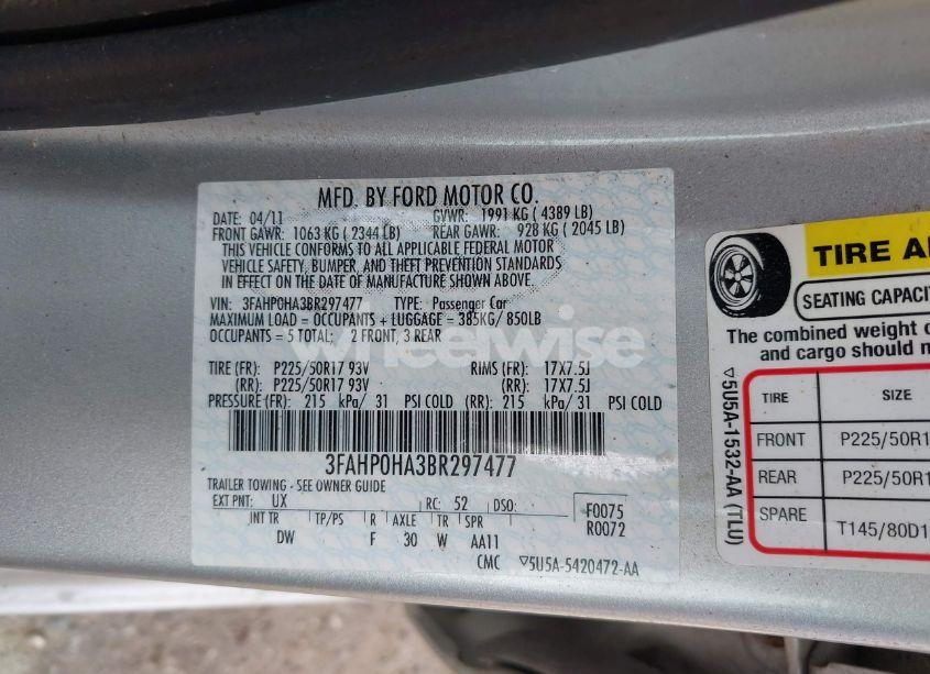 Photo 9 of 2011 Ford Fusion SE (VIN 3FAHP0HA3BR297477)