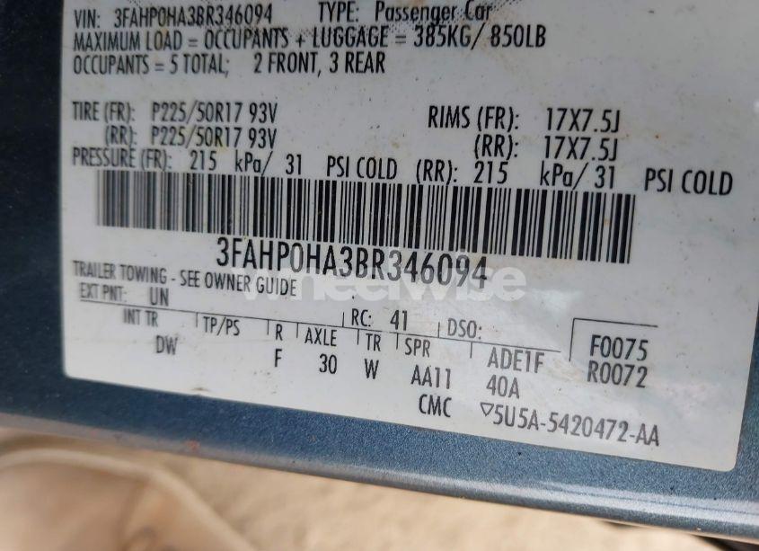 Photo 9 of 2011 Ford Fusion SE (VIN 3FAHP0HA3BR346094)