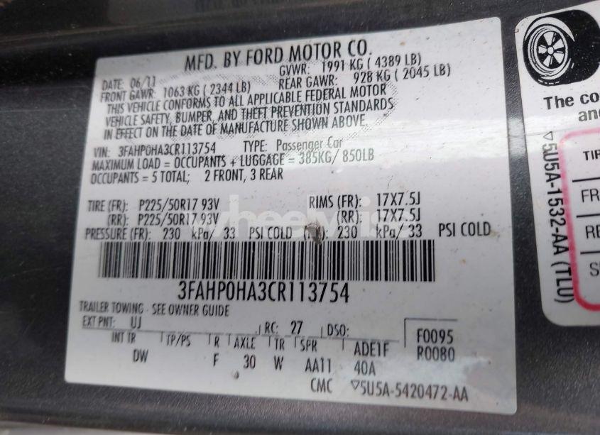 Photo 9 of 2012 Ford Fusion SE (VIN 3FAHP0HA3CR113754)