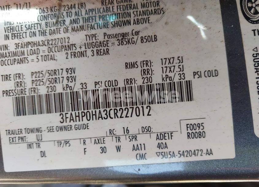 Photo 9 of 2012 Ford Fusion SE (VIN 3FAHP0HA3CR227012)