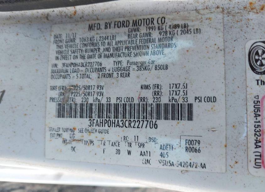 Photo 9 of 2012 Ford Fusion SE (VIN 3FAHP0HA3CR227706)