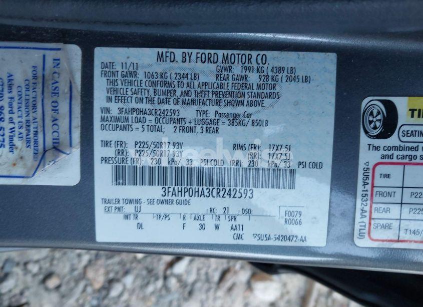 Photo 9 of 2012 Ford Fusion SE (VIN 3FAHP0HA3CR242593)