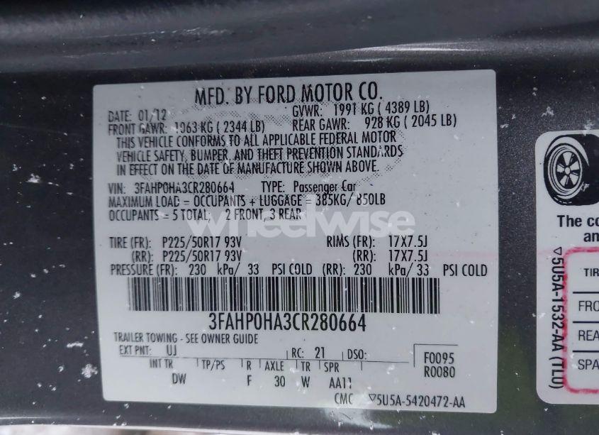 Photo 9 of 2012 Ford Fusion SE (VIN 3FAHP0HA3CR280664)