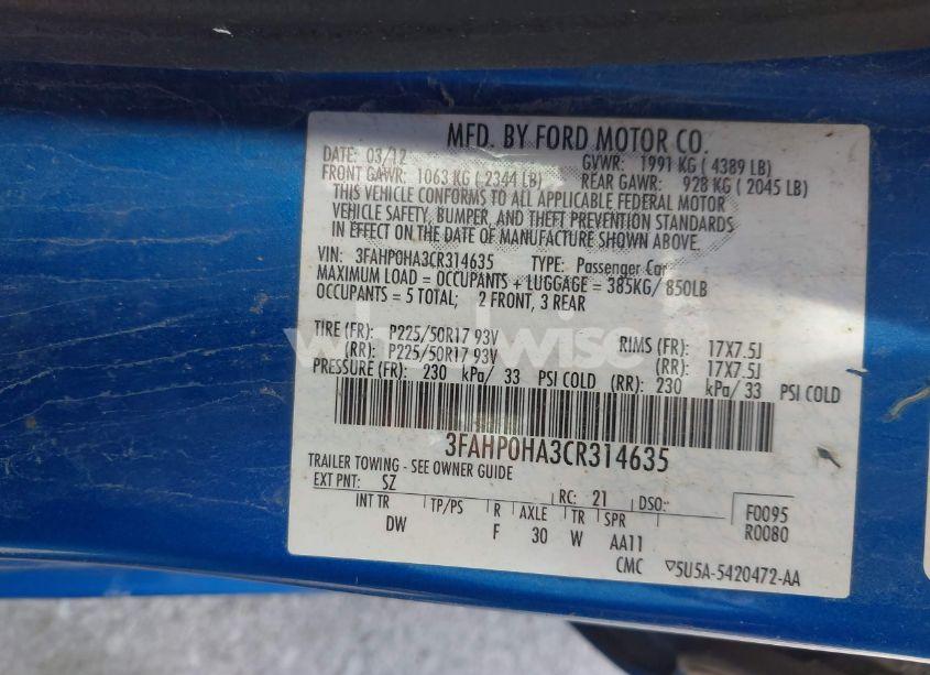 Photo 9 of 2012 Ford Fusion SE (VIN 3FAHP0HA3CR314635)