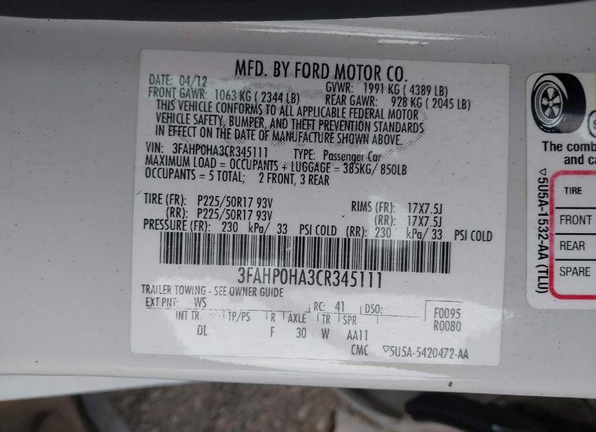 Photo 9 of 2012 Ford Fusion SE (VIN 3FAHP0HA3CR345111)