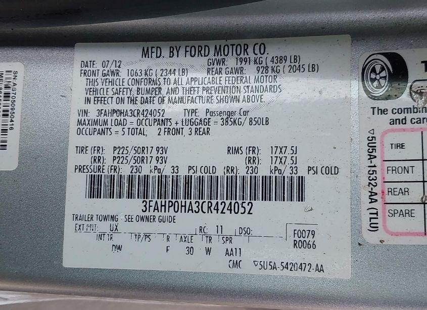Photo 9 of 2012 Ford Fusion SE (VIN 3FAHP0HA3CR424052)