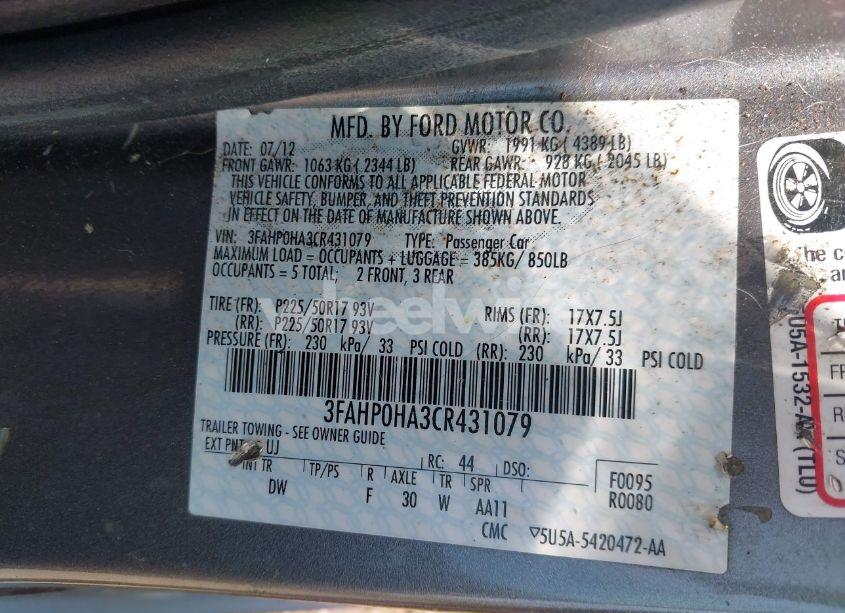 Photo 9 of 2012 Ford Fusion SE (VIN 3FAHP0HA3CR431079)