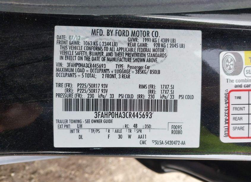 Photo 9 of 2012 Ford Fusion SE (VIN 3FAHP0HA3CR445693)