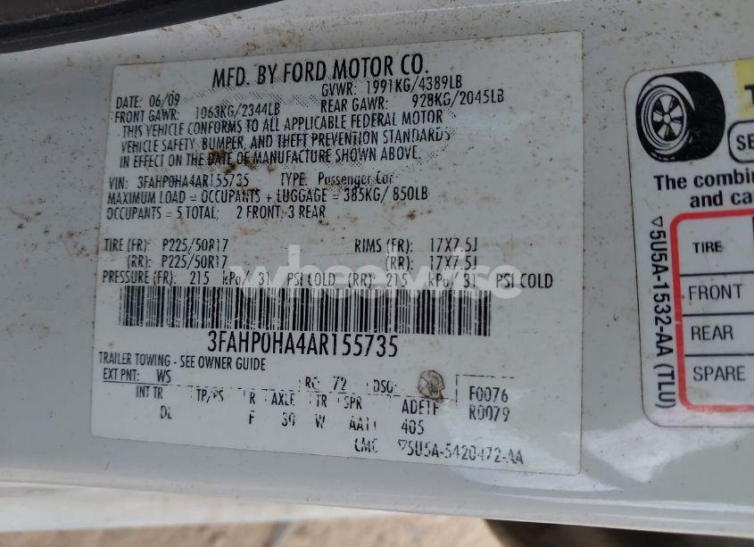 Photo 9 of 2010 Ford Fusion SE (VIN 3FAHP0HA4AR155735)