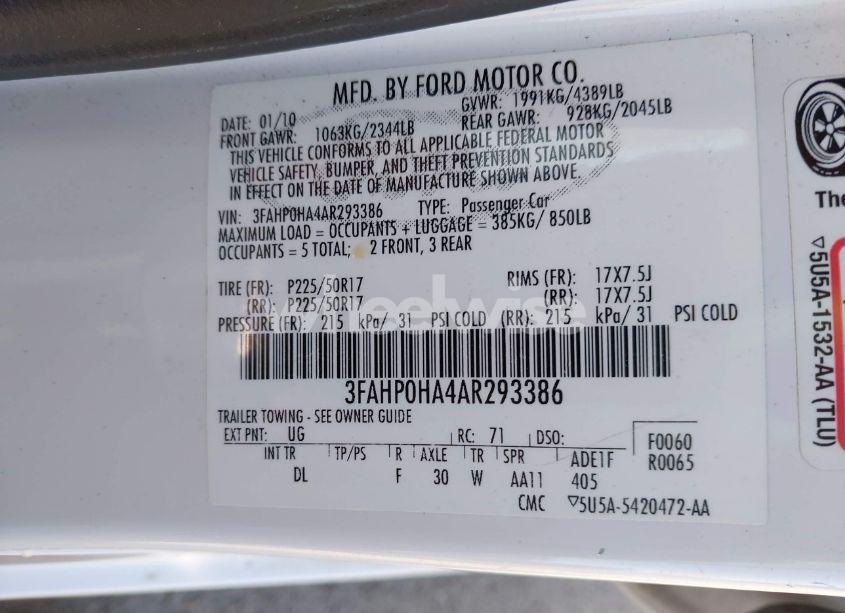 Photo 9 of 2010 Ford Fusion SE (VIN 3FAHP0HA4AR293386)