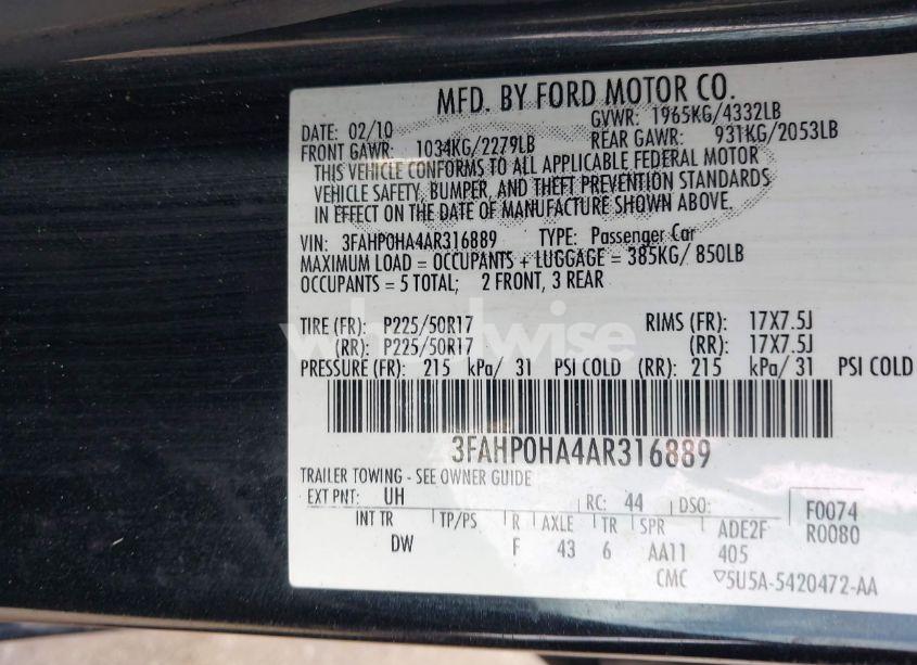 Photo 9 of 2010 Ford Fusion SE (VIN 3FAHP0HA4AR316889)