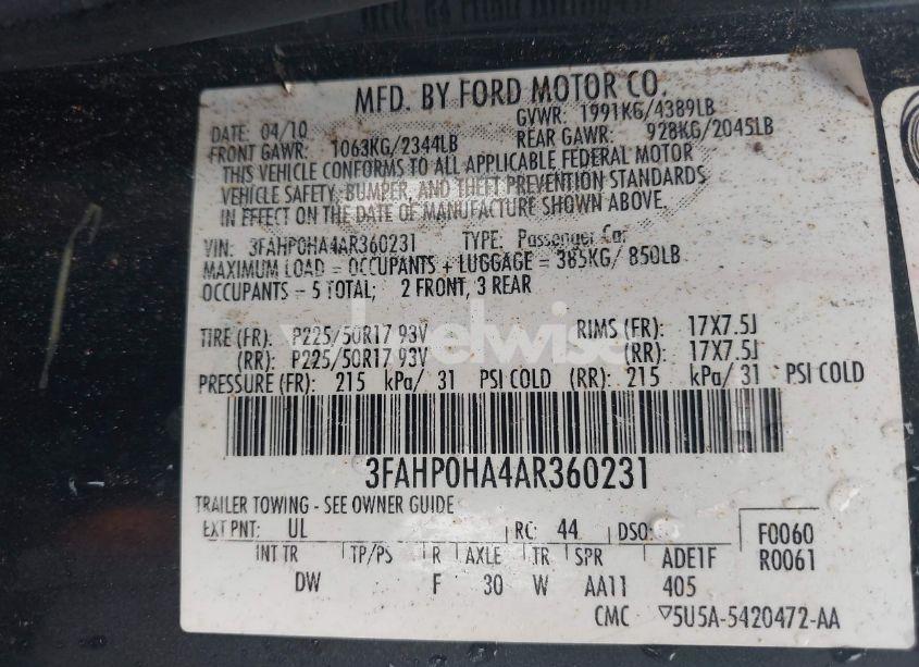 Photo 9 of 2010 Ford Fusion SE (VIN 3FAHP0HA4AR360231)