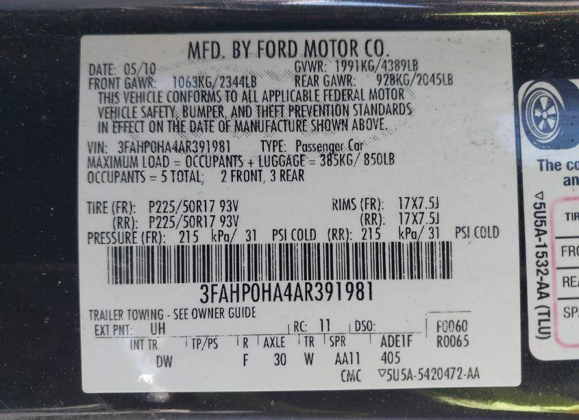 Photo 9 of 2010 Ford Fusion SE (VIN 3FAHP0HA4AR391981)