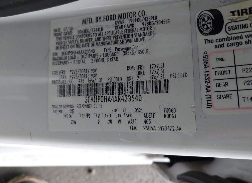 Photo 9 of 2010 Ford Fusion SE (VIN 3FAHP0HA4AR423540)