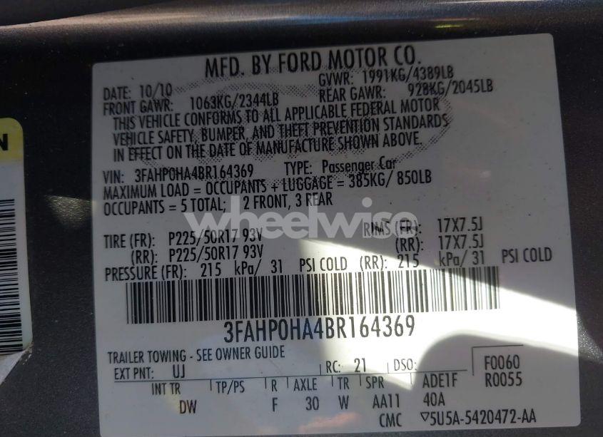 Photo 9 of 2011 Ford Fusion SE (VIN 3FAHP0HA4BR164369)