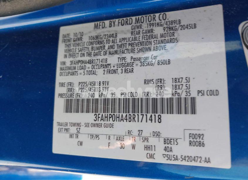 Photo 9 of 2011 Ford Fusion SE (VIN 3FAHP0HA4BR171418)