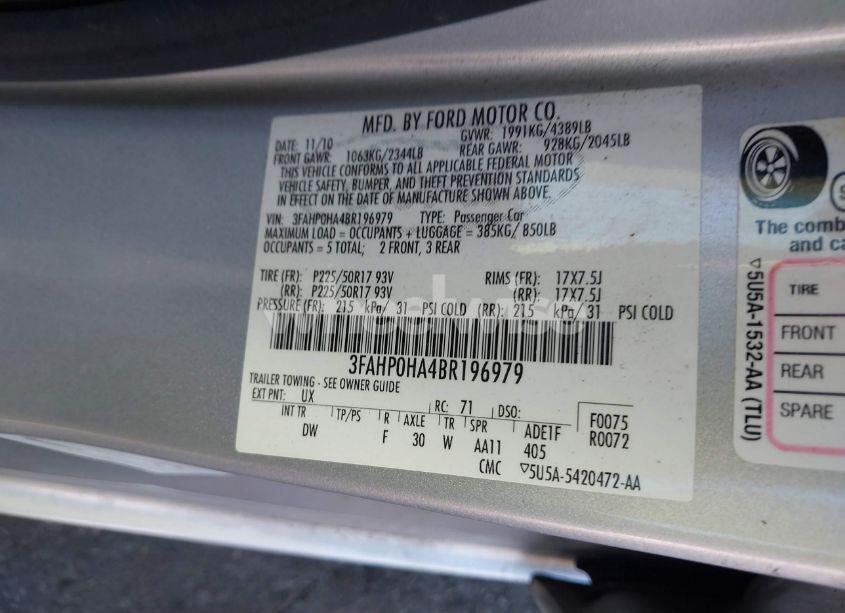 Photo 9 of 2011 Ford Fusion SE (VIN 3FAHP0HA4BR196979)